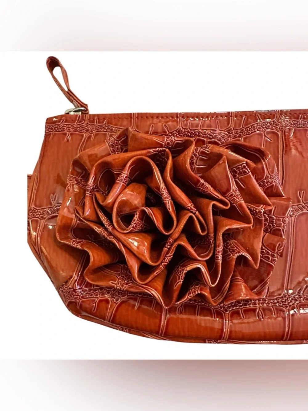 CHATEAU Vintage Y2K Wristlet Orange Croc-Embossed Ring Handle Flower Accent